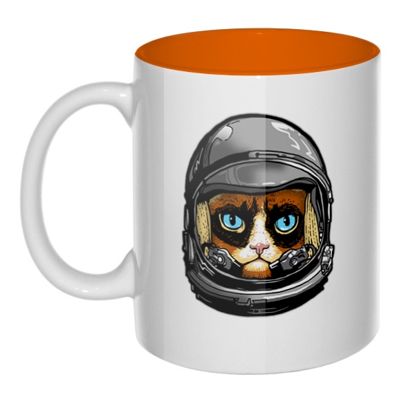 Кот в космическом шлеме, кружка цветная внутри , цвет оранжевый