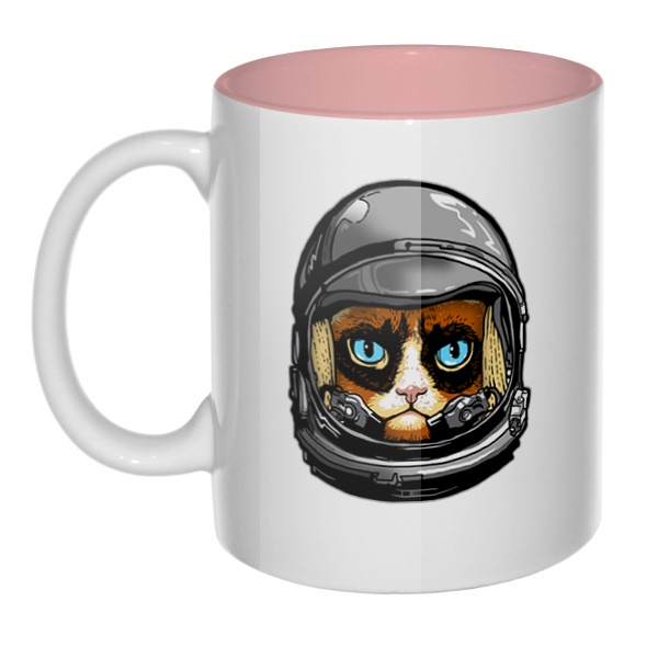 Кот в космическом шлеме, кружка цветная внутри , цвет розовый