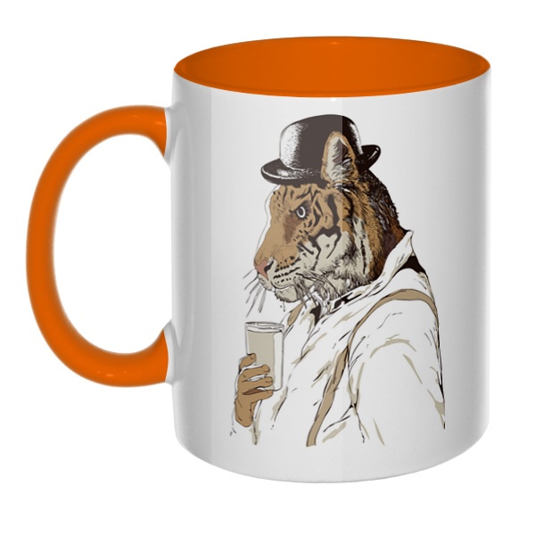 Тигр-человек, кружка цветная внутри и ручка, цвет оранжевый