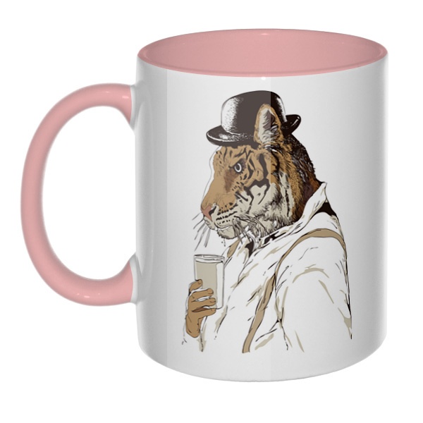 Тигр-человек, кружка цветная внутри и ручка, цвет розовый