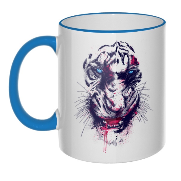 Кружка Тигр с цветным ободком и ручкой, цвет голубой