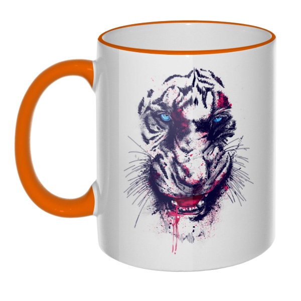 Кружка Тигр с цветным ободком и ручкой, цвет оранжевый