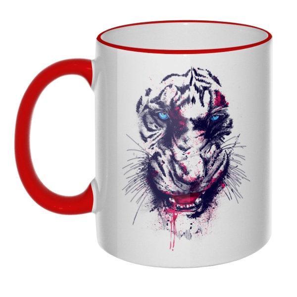Кружка Тигр с цветным ободком и ручкой, цвет красный