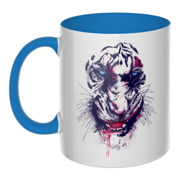 Тигр, кружка цветная внутри и ручка, цвет голубой