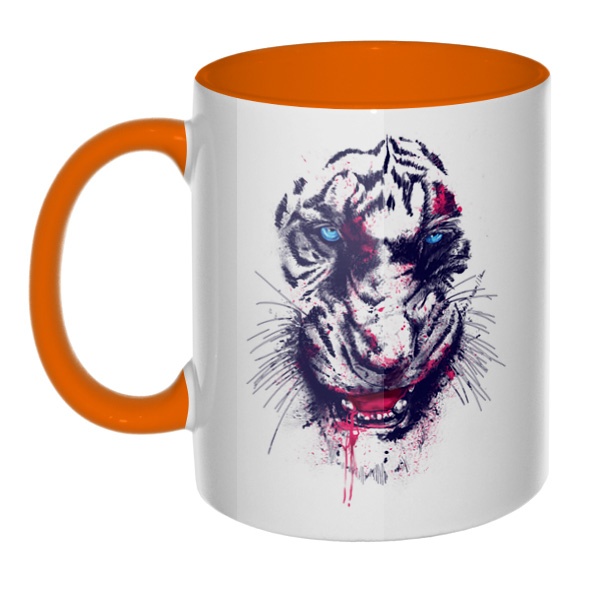 Тигр, кружка цветная внутри и ручка, цвет оранжевый