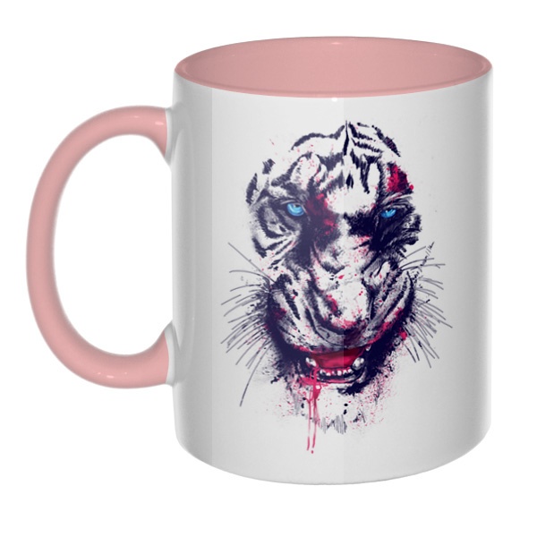 Тигр, кружка цветная внутри и ручка, цвет розовый
