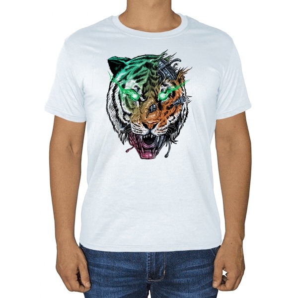 Тигр-киборг, белая футболка