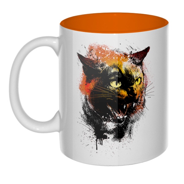 Рисунок агрессивного кота, кружка цветная внутри , цвет оранжевый