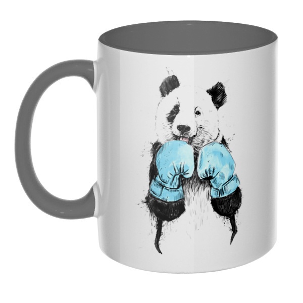 Панда-боксер, кружка цветная внутри и ручка, цвет серый