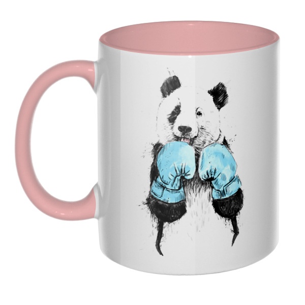 Панда-боксер, кружка цветная внутри и ручка, цвет розовый