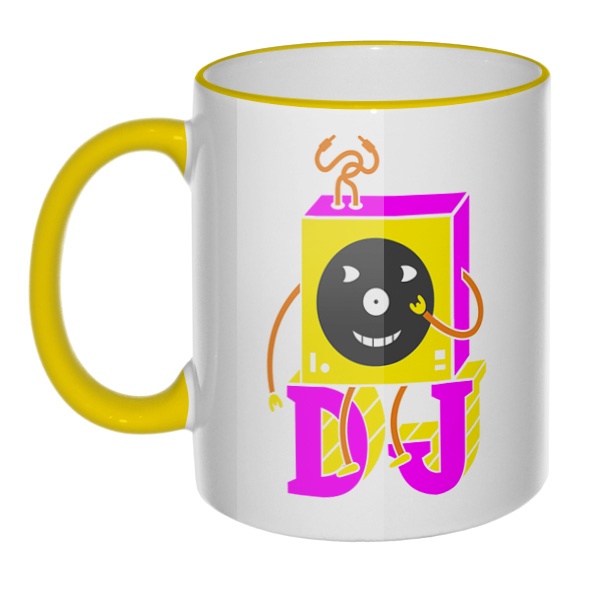 Кружка DJ с цветным ободком и ручкой, цвет желтый