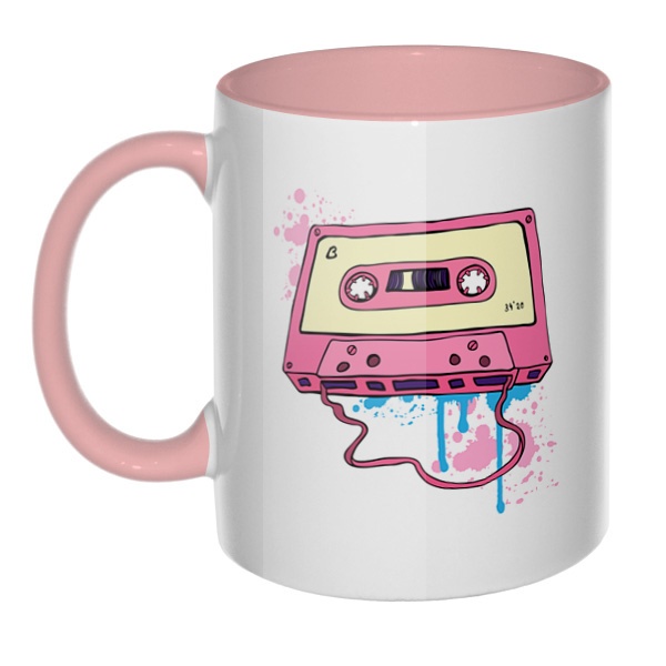 Аудиокассета с магнитной лентой, кружка цветная внутри и ручка, цвет розовый
