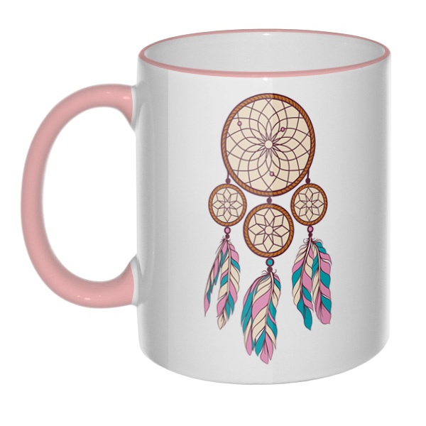 Кружка Индейский амулет с цветным ободком и ручкой, цвет розовый