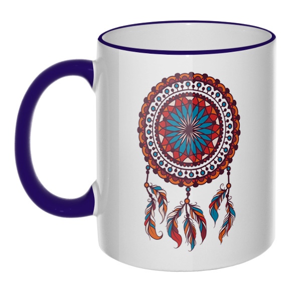 Кружка Индейский амулет Ловец снов с цветным ободком и ручкой, цвет темно-синий