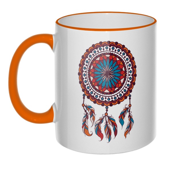 Кружка Индейский амулет Ловец снов с цветным ободком и ручкой, цвет оранжевый