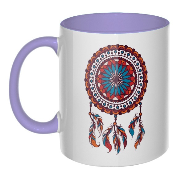Индейский амулет Ловец снов, кружка цветная внутри и ручка, цвет лавандовый