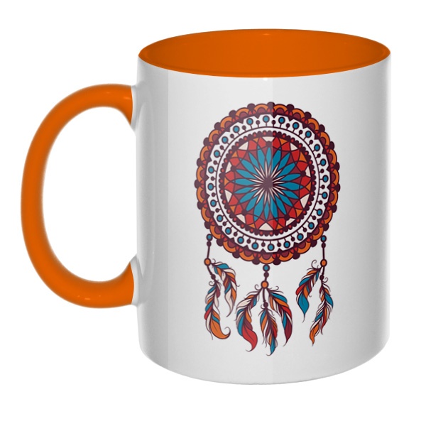 Индейский амулет Ловец снов, кружка цветная внутри и ручка, цвет оранжевый