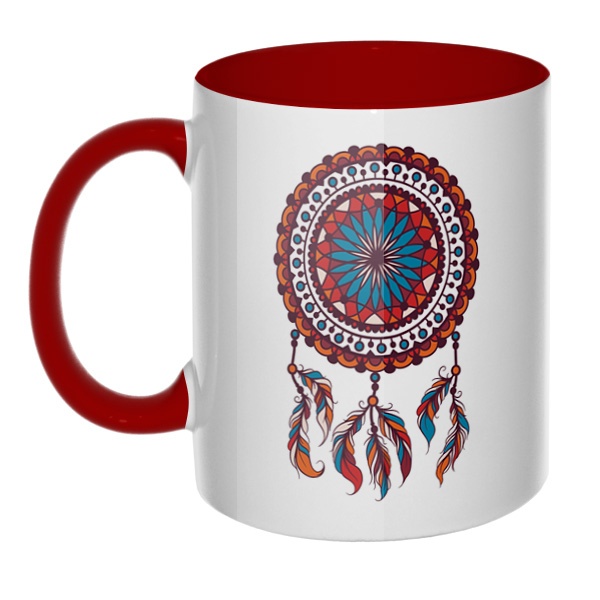 Индейский амулет Ловец снов, кружка цветная внутри и ручка, цвет бордовый