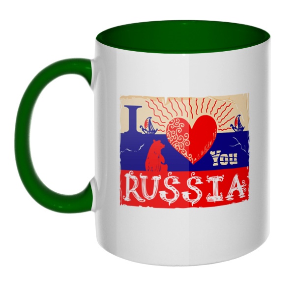 I love you Russia, кружка цветная внутри и ручка, цвет зеленый