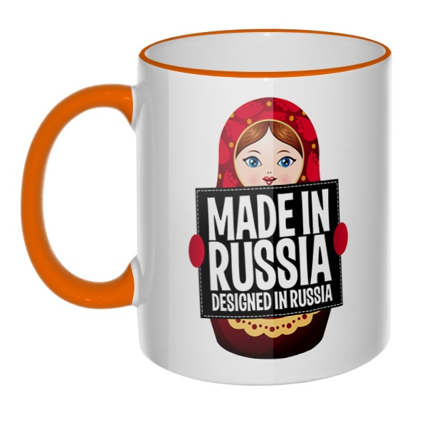Кружка Матрешка Made in Russia с цветным ободком и ручкой, цвет оранжевый