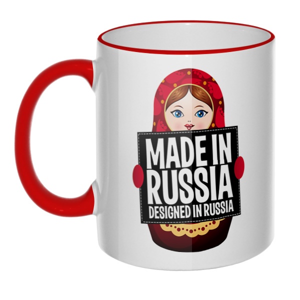 Кружка Матрешка Made in Russia с цветным ободком и ручкой, цвет красный