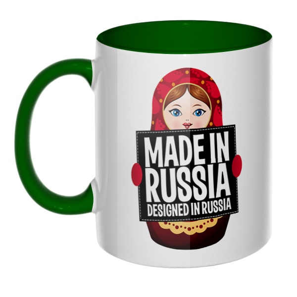 Матрешка Made in Russia, кружка цветная внутри и ручка, цвет зеленый