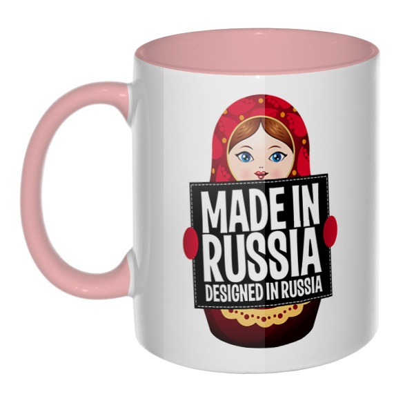 Матрешка Made in Russia, кружка цветная внутри и ручка, цвет розовый