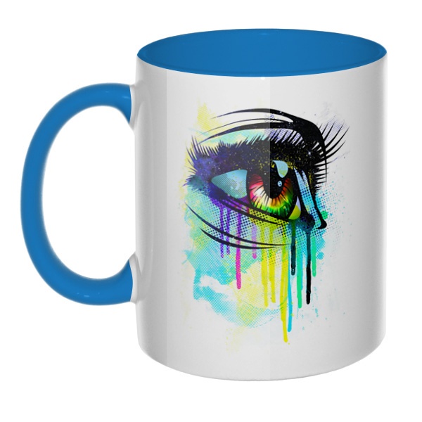Рисунок женского глаза, кружка цветная внутри и ручка, цвет голубой