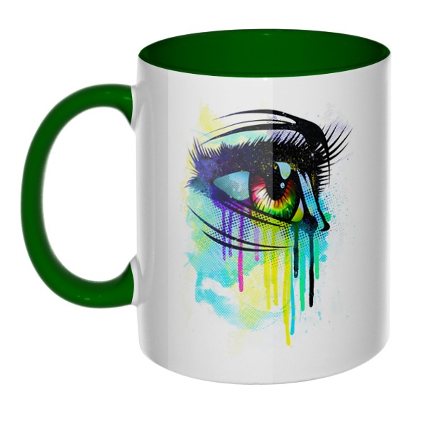 Рисунок женского глаза, кружка цветная внутри и ручка, цвет зеленый