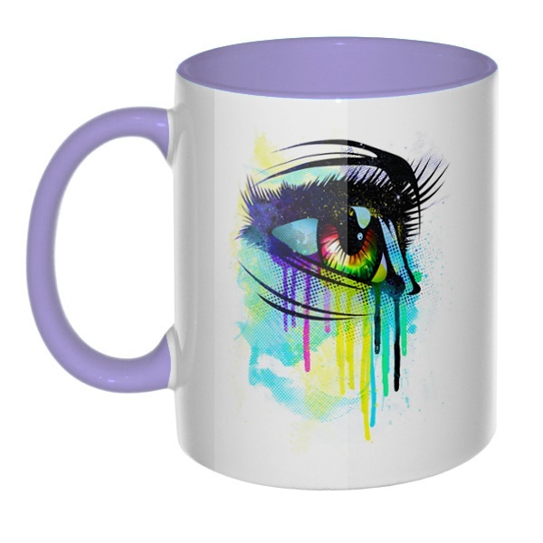 Рисунок женского глаза, кружка цветная внутри и ручка, цвет лавандовый