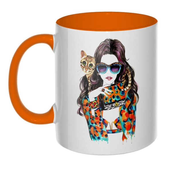 Модная девушка с кошкой, кружка цветная внутри и ручка, цвет оранжевый