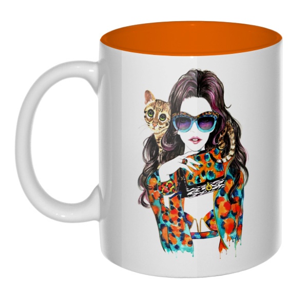 Модная девушка с кошкой, кружка цветная внутри , цвет оранжевый
